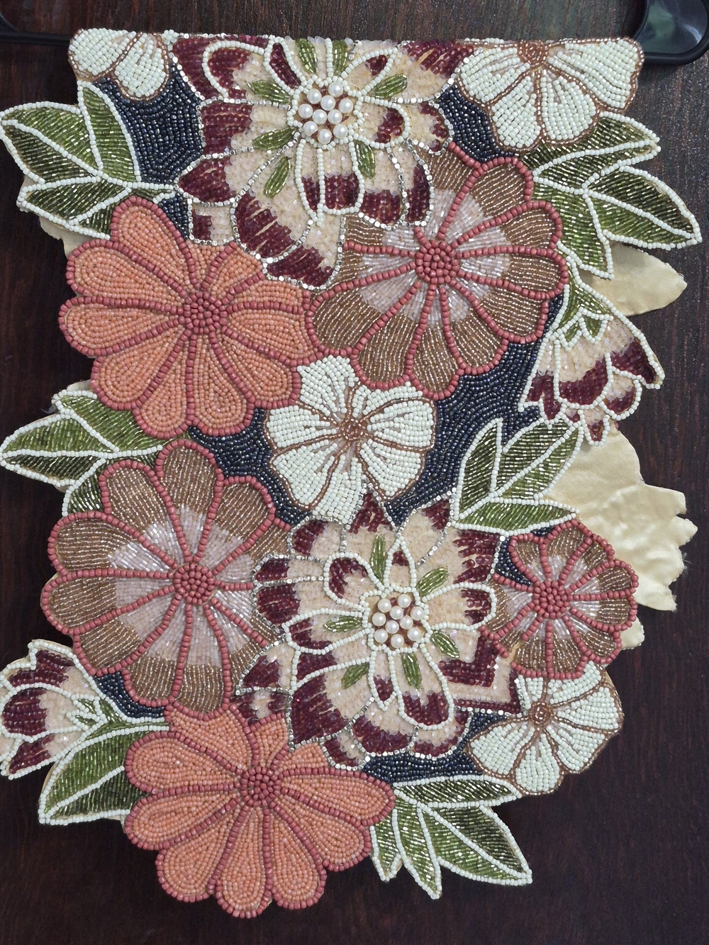 Pier 1 Hand-Beaded Floral Placemat in Peach, Green, Cream and Burgundy